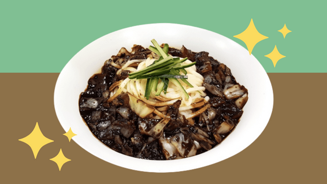 Close-up of a delicious serving of jjajangmyeon, highlighting the glossy, thick black bean sauce generously coating chewy noodles, garnished with fresh slices of cucumber and a sprinkle of sesame seeds, ready to be enjoyed with a pair of wooden chopsticks